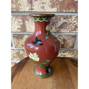 Chinese Cloisonne Vase Birds Blooms Red Background 8 1/8" Tall Beautiful!